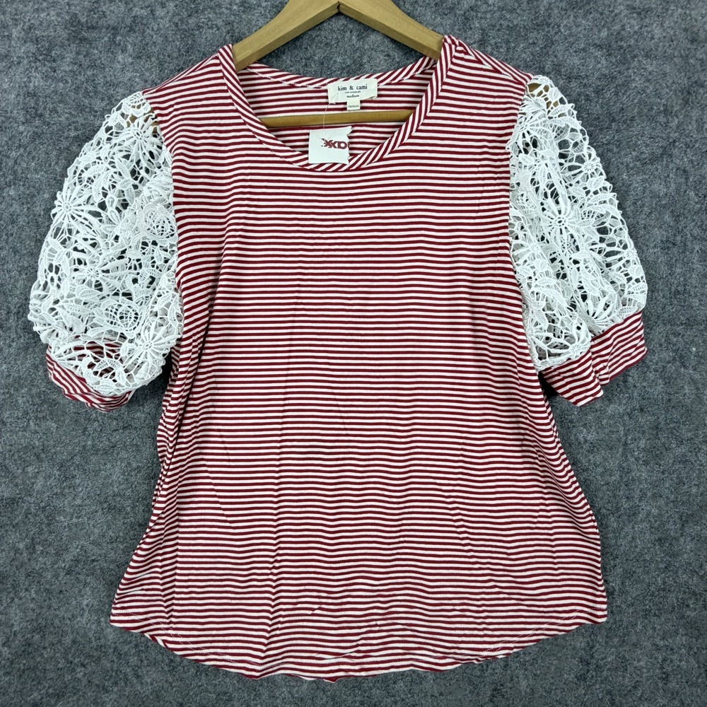 Kim & Cami Blouse Top Womens Medium Red White Striped Crochet Puff Sleeve
